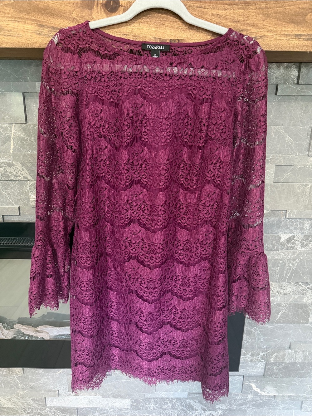 Roz & Ali Plum Lace Long-Sleeve Shift Dress